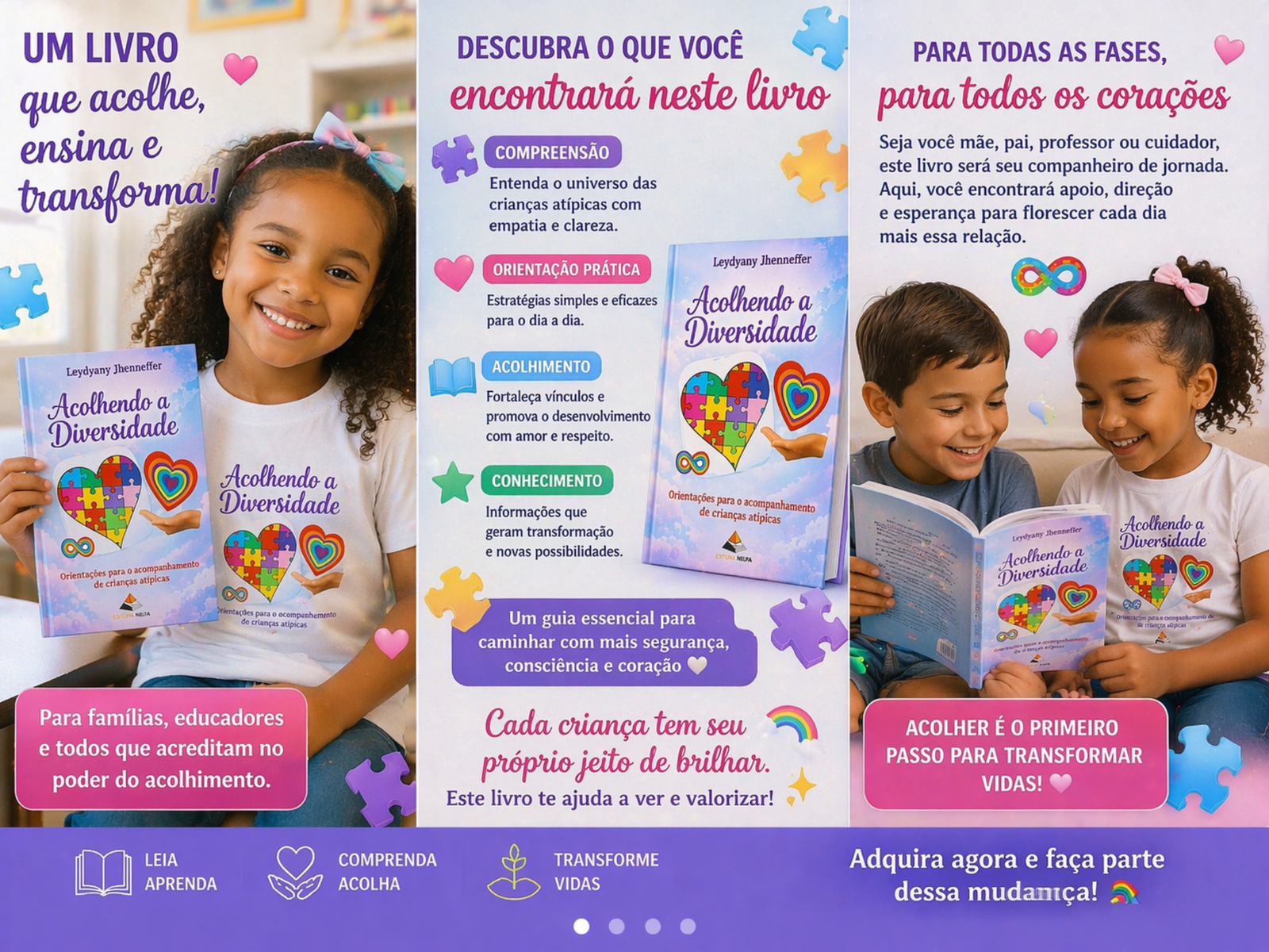 Arte com crianças e detalhes do conteúdo do livro Acolhendo a Diversidade